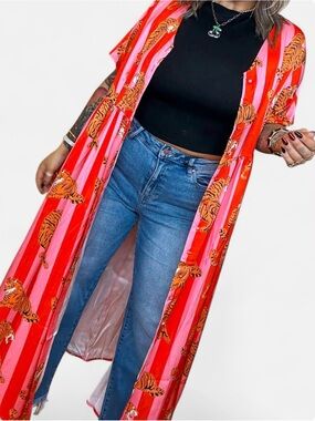 Emy Ave Pink and Orange Striped Maxi dress with Tiger Print
